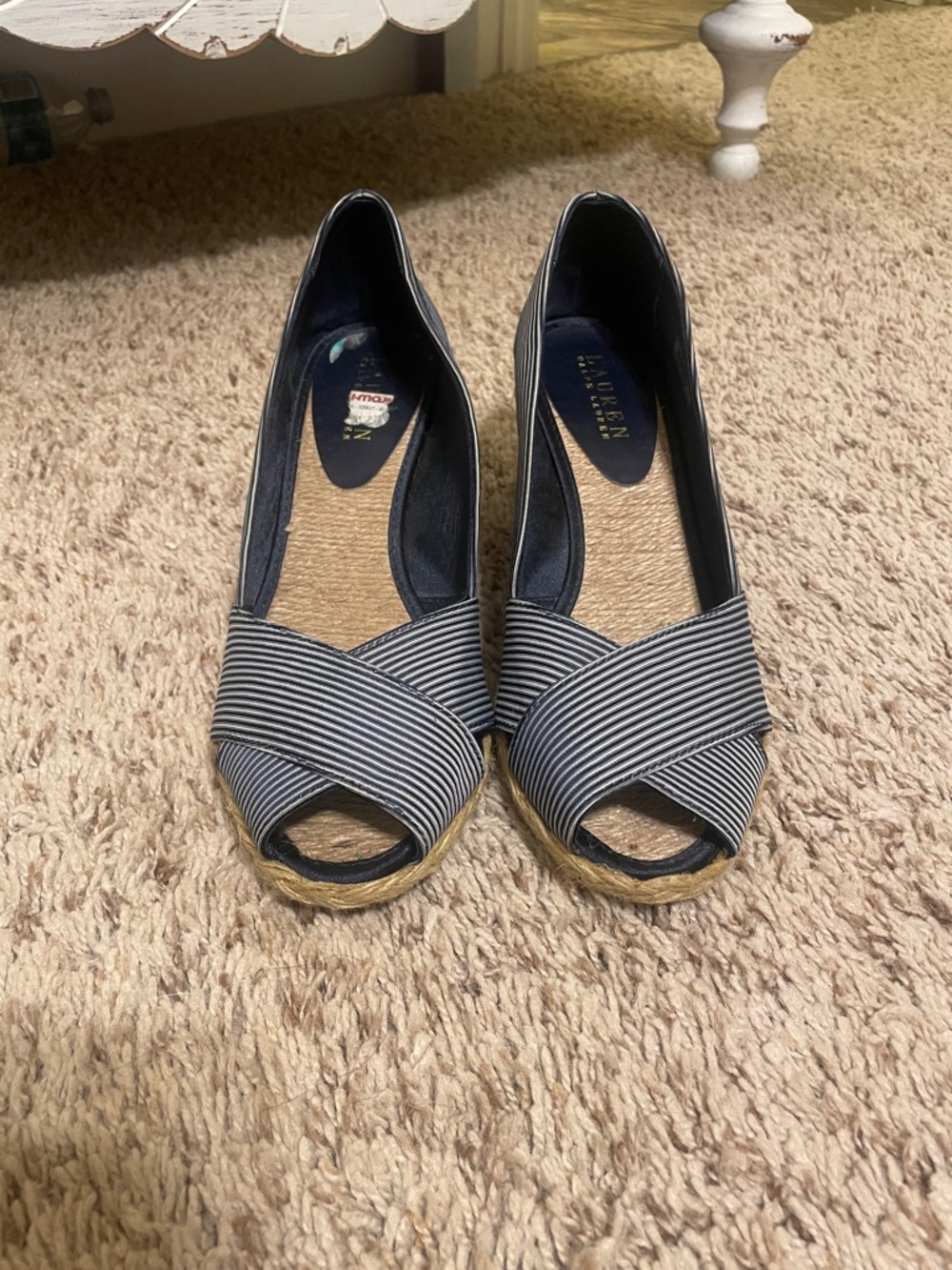 Lauren Ralph Lauren Navy and White Striped Peep-Toe Espadrille Wedges